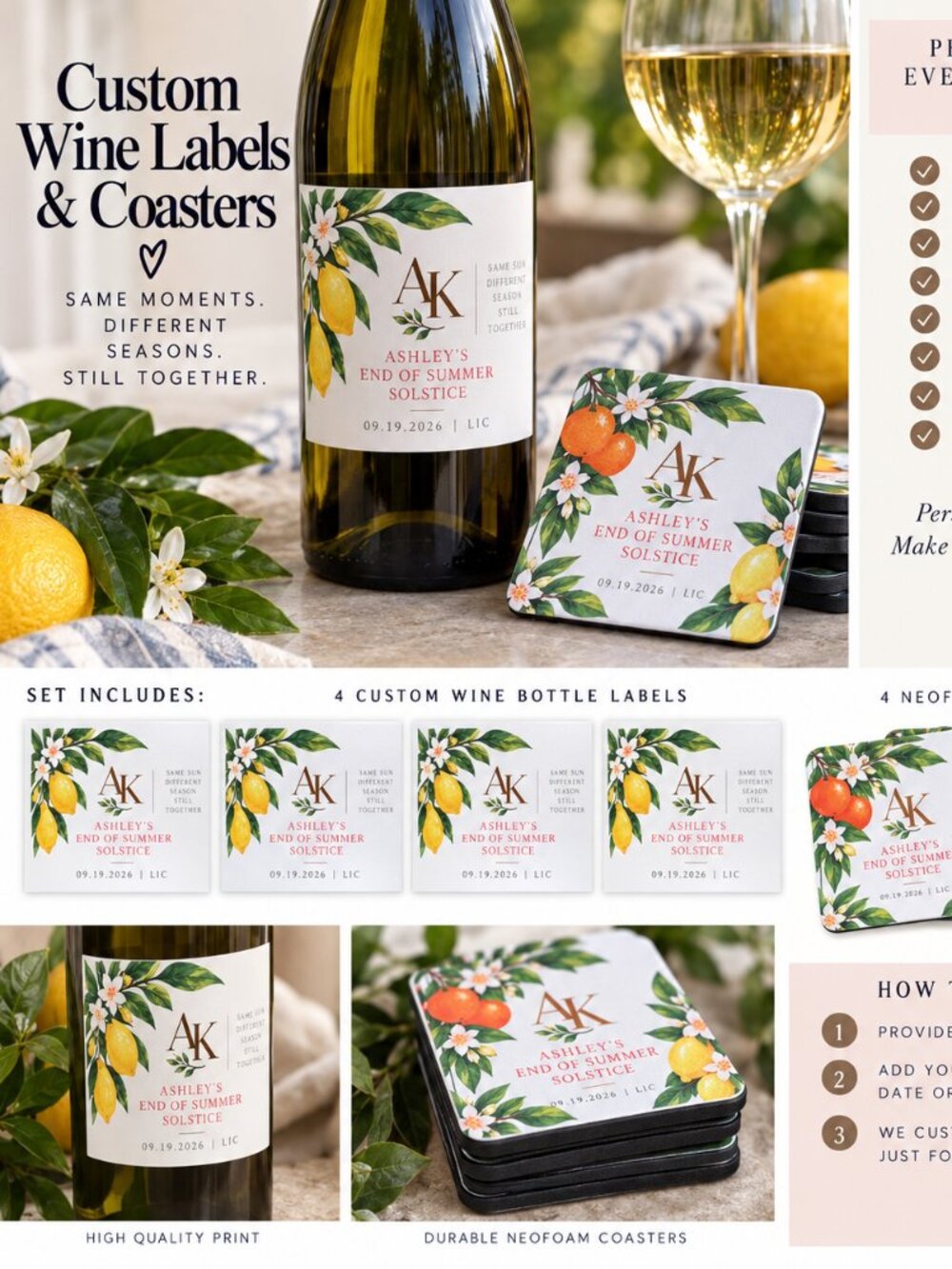Custom Wine Bottle Labels + Coasters Set | Personalized Party Decor | Set of 4